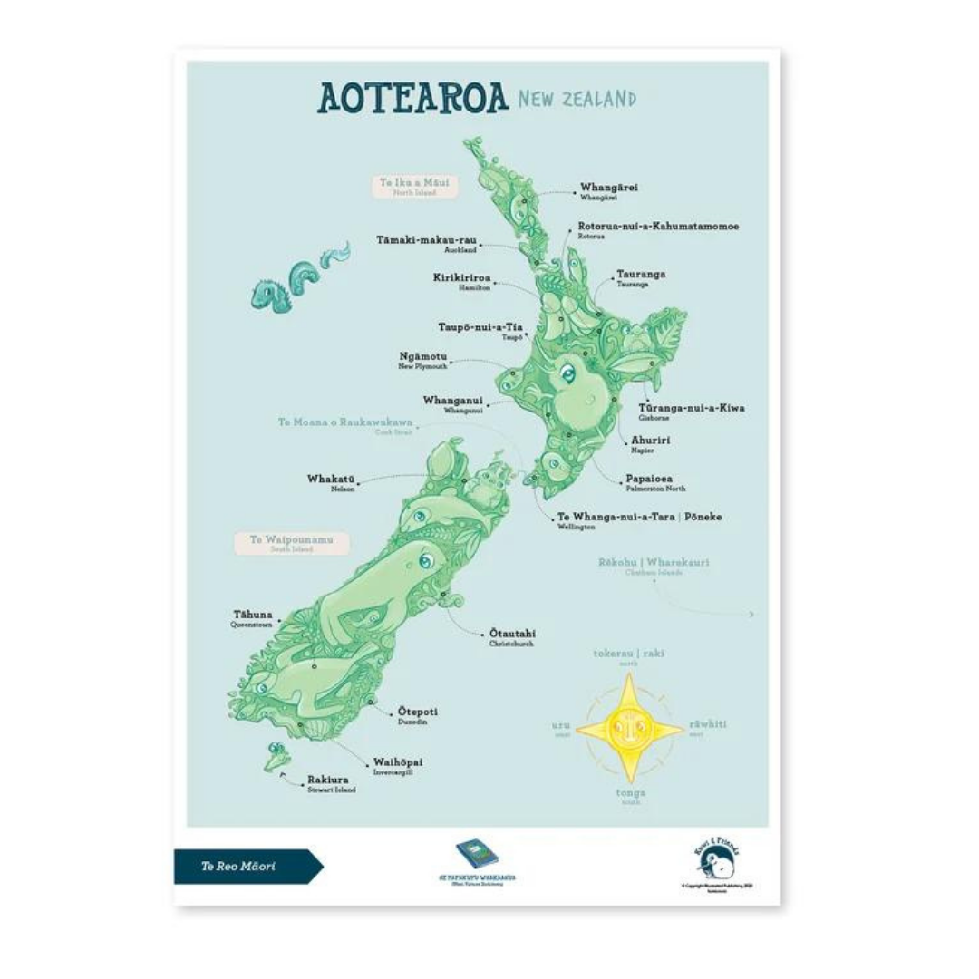 Te Reo Māori map of Aotearoa - A3 Poster